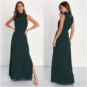 LULU’S Classic Elegance Emerald Chiffon Sleeveless Mock Neck Maxi Dress